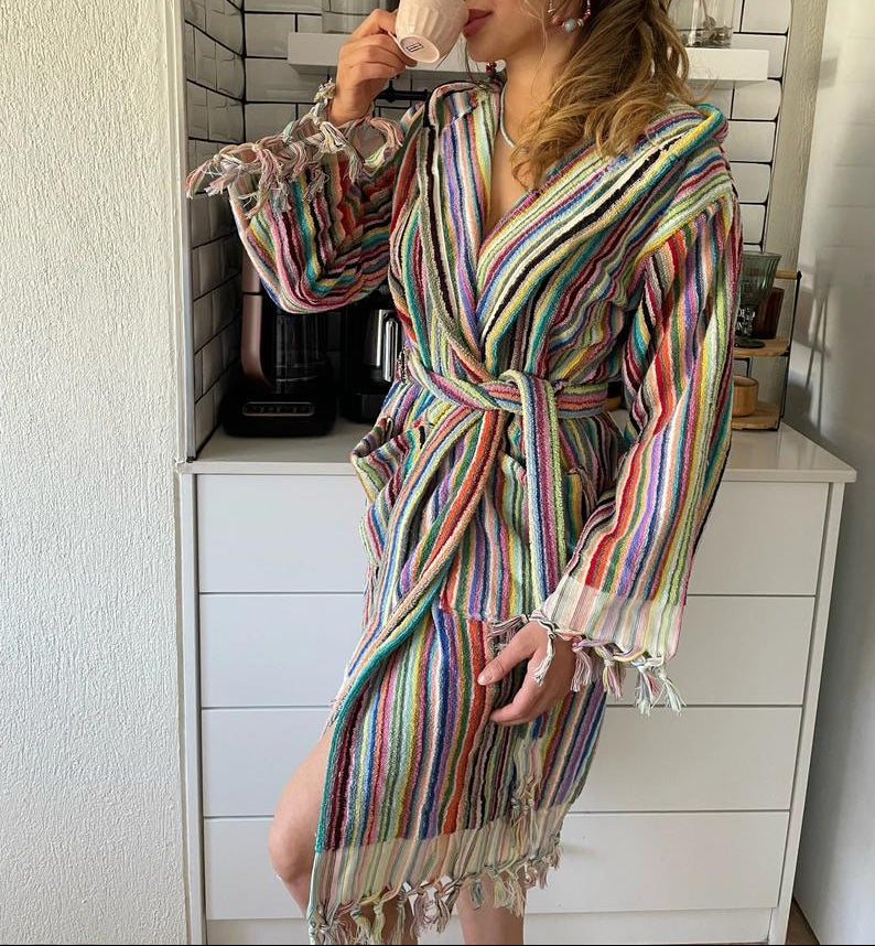 turkish pompom stripe bathrobe multicolor